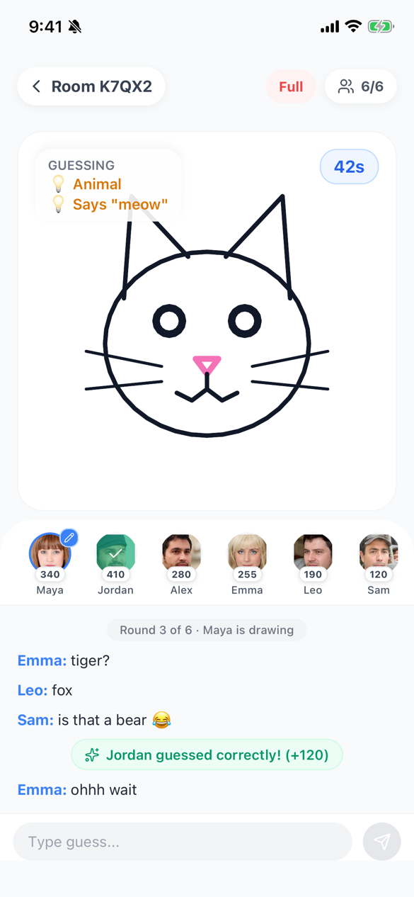 Draw and Guess: Maya is drawing a cat while five players guess in the chat