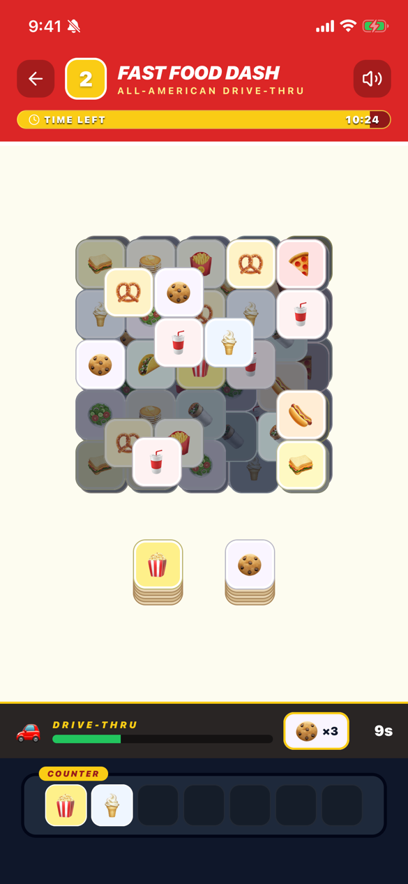 Fast Food Dash level 2: a drive-thru order and a tower of food tiles