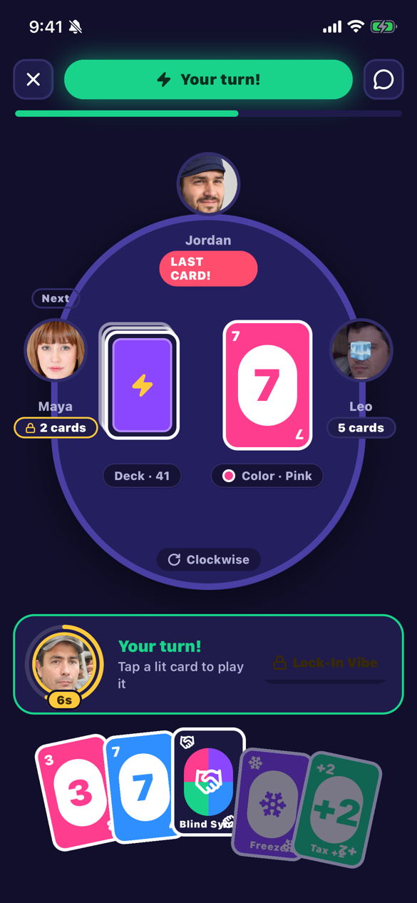 VibeCheck table: your turn, Jordan on his last card, Leo frozen