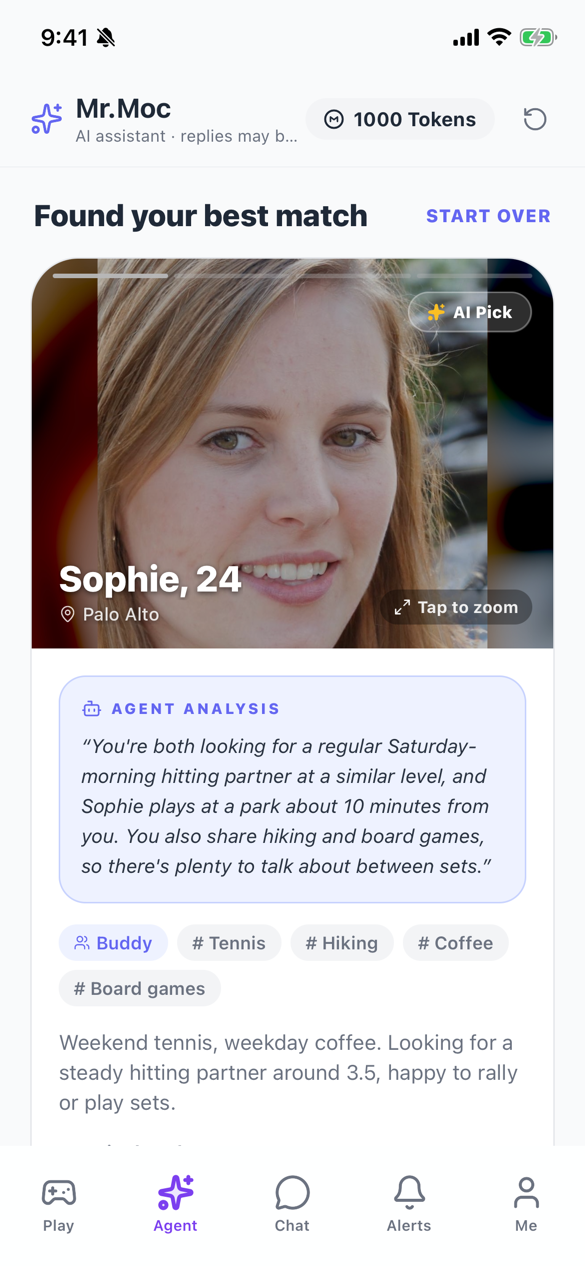 Mr.Moc found your best match: Sophie, 24, with an agent analysis explaining why it fits, shared interests and an icebreaker